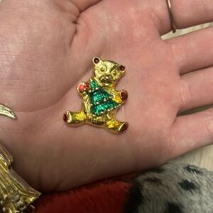 Vintage Christmas Teddy Bear With A Christmas Tree Brooch